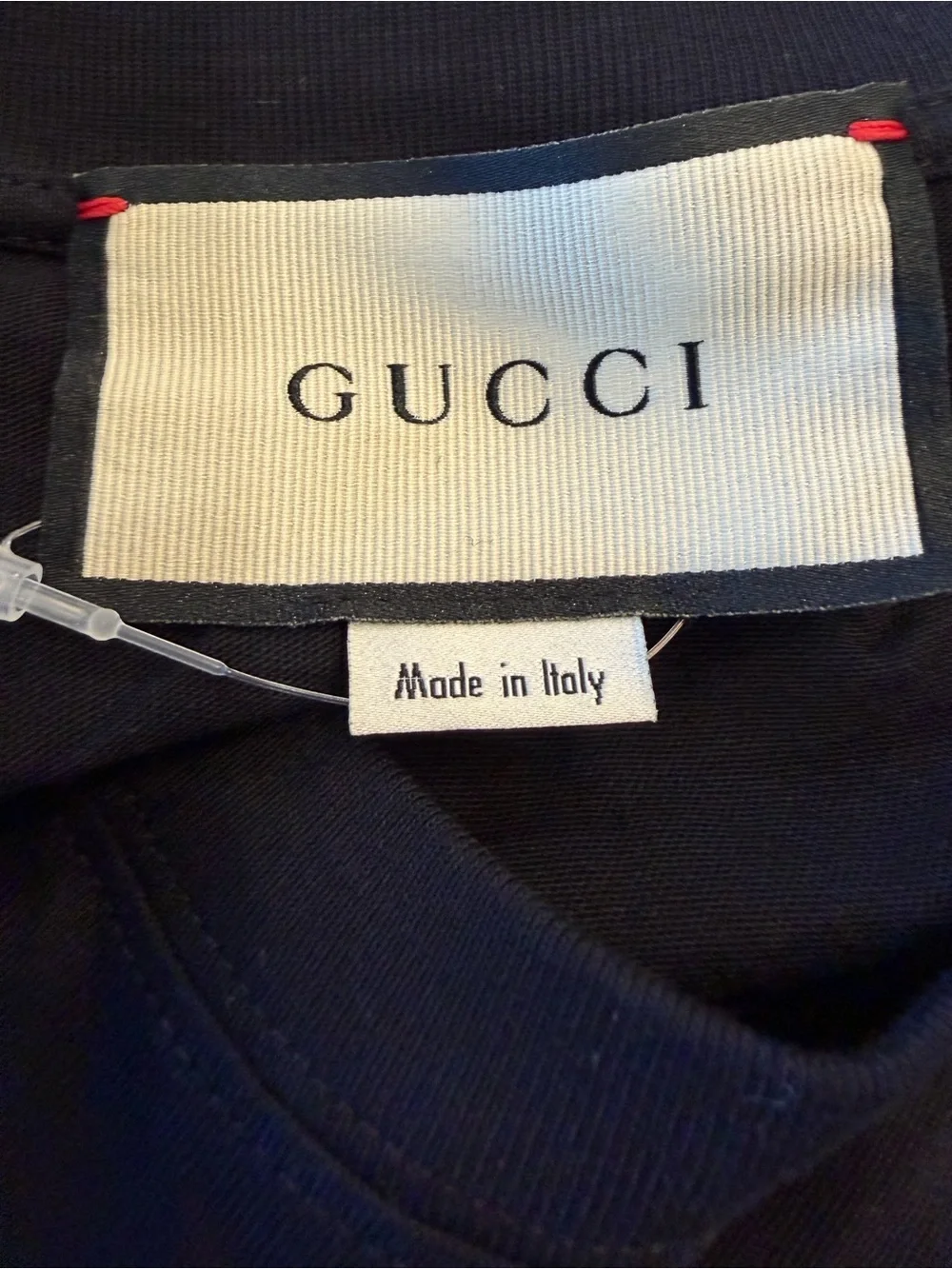 Gucci Black Tee with Cream Cat Patch and Green-Red Logo
